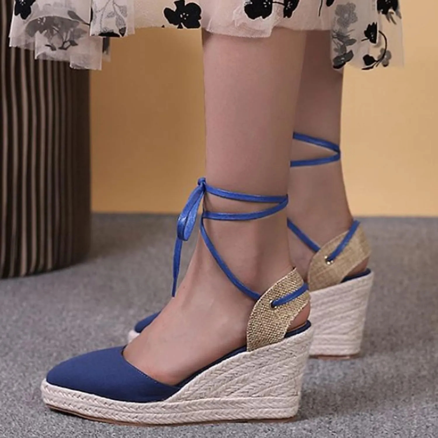 Espadrille Wedge Sandals for Women Lace Up Closed Toe Ankle Strap Nude Platform Sandals Wide Width Braided Lightweight Non-Slip Vintage Summer Sandals