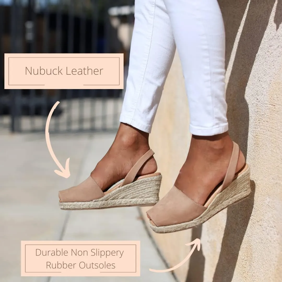 Espadrille Wedges for Women – Dressy Soft Leather Peep Toe Women’s Wedge Sandals, Casual Summer Slip on Espadrilles