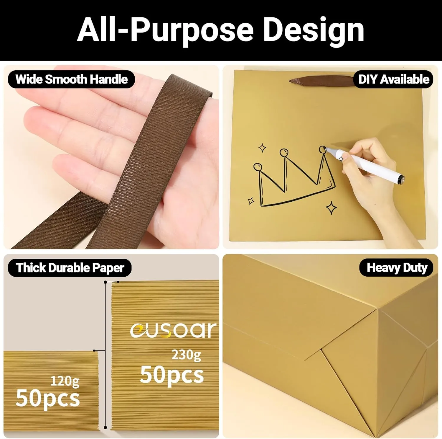 EUSOAR Gift Bags - Bulk 50pcs, 12.5"x4.5"x11" Paper Bags with Handles for Thank You Presents, Merchandise, Shopping, Retail Wrapping, Craft, Grocery, Boutique, Party Favors, Wedding