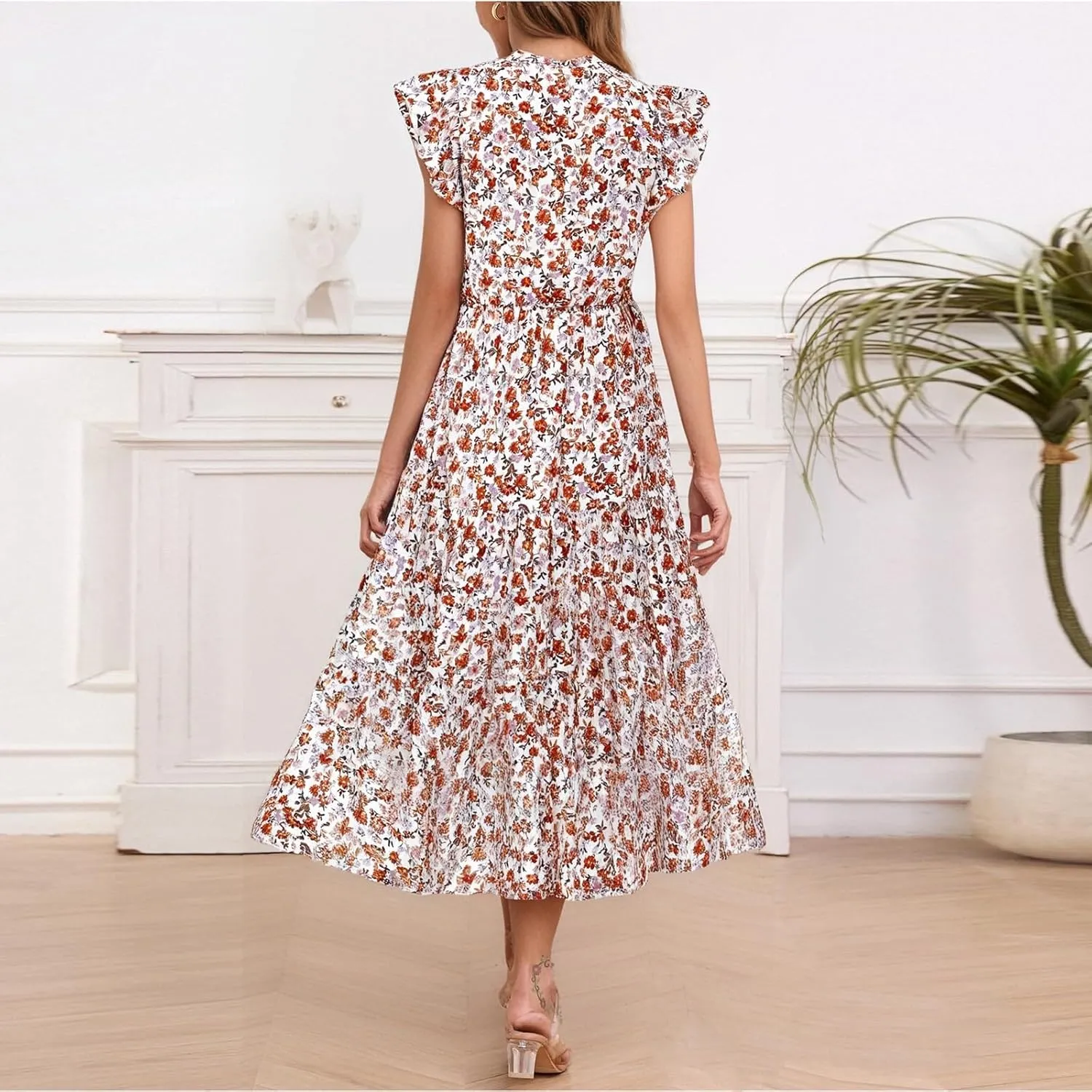 fanmpghleoo Summer Dresses for Women 2025 V Neck Cap Sleeve Floral Dress Vacation Casual Beach Wedding Guest Maxi Dresses