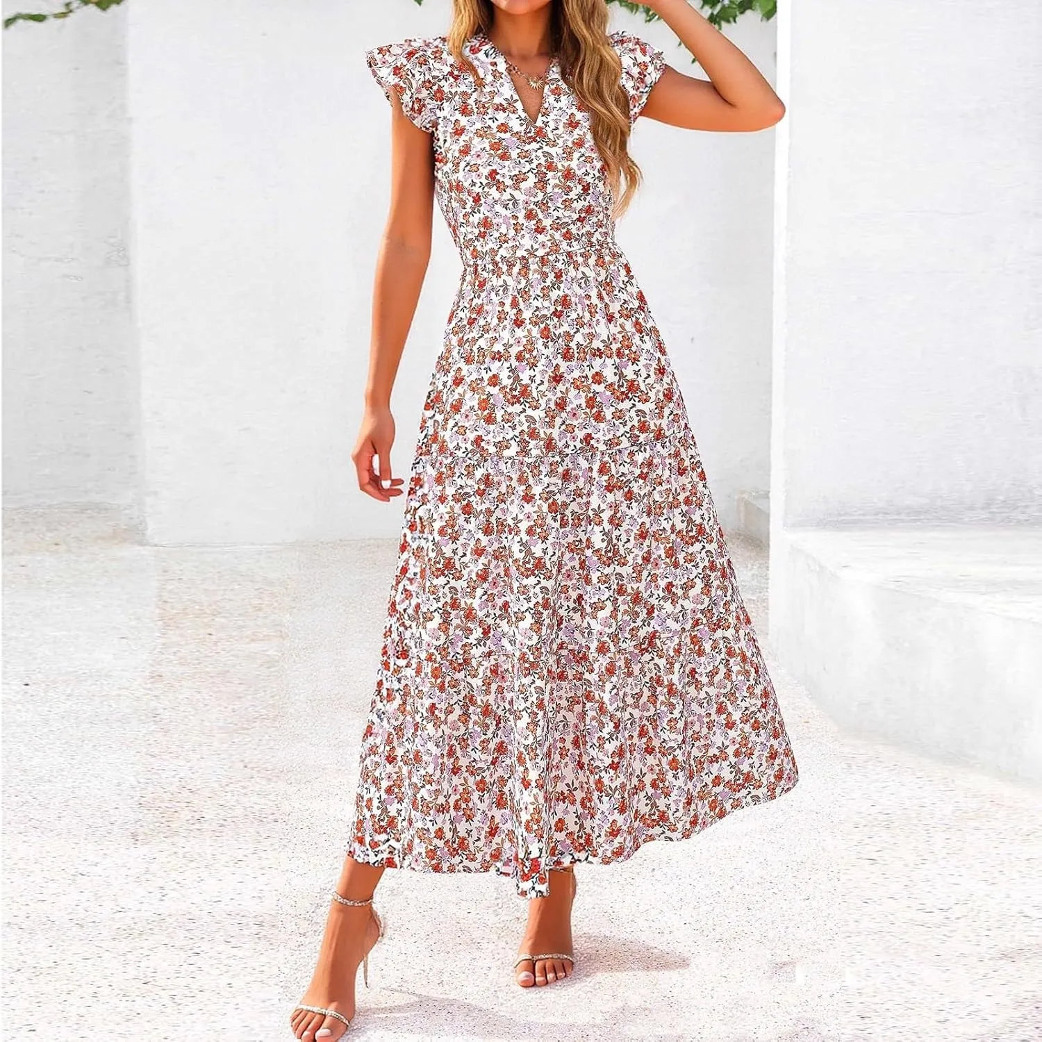 fanmpghleoo Summer Dresses for Women 2025 V Neck Cap Sleeve Floral Dress Vacation Casual Beach Wedding Guest Maxi Dresses