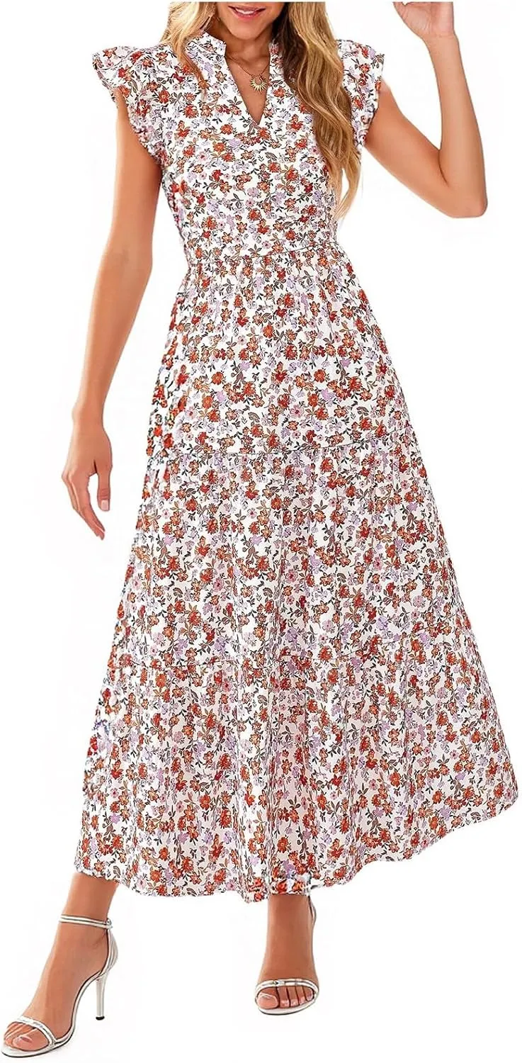 fanmpghleoo Summer Dresses for Women 2025 V Neck Cap Sleeve Floral Dress Vacation Casual Beach Wedding Guest Maxi Dresses