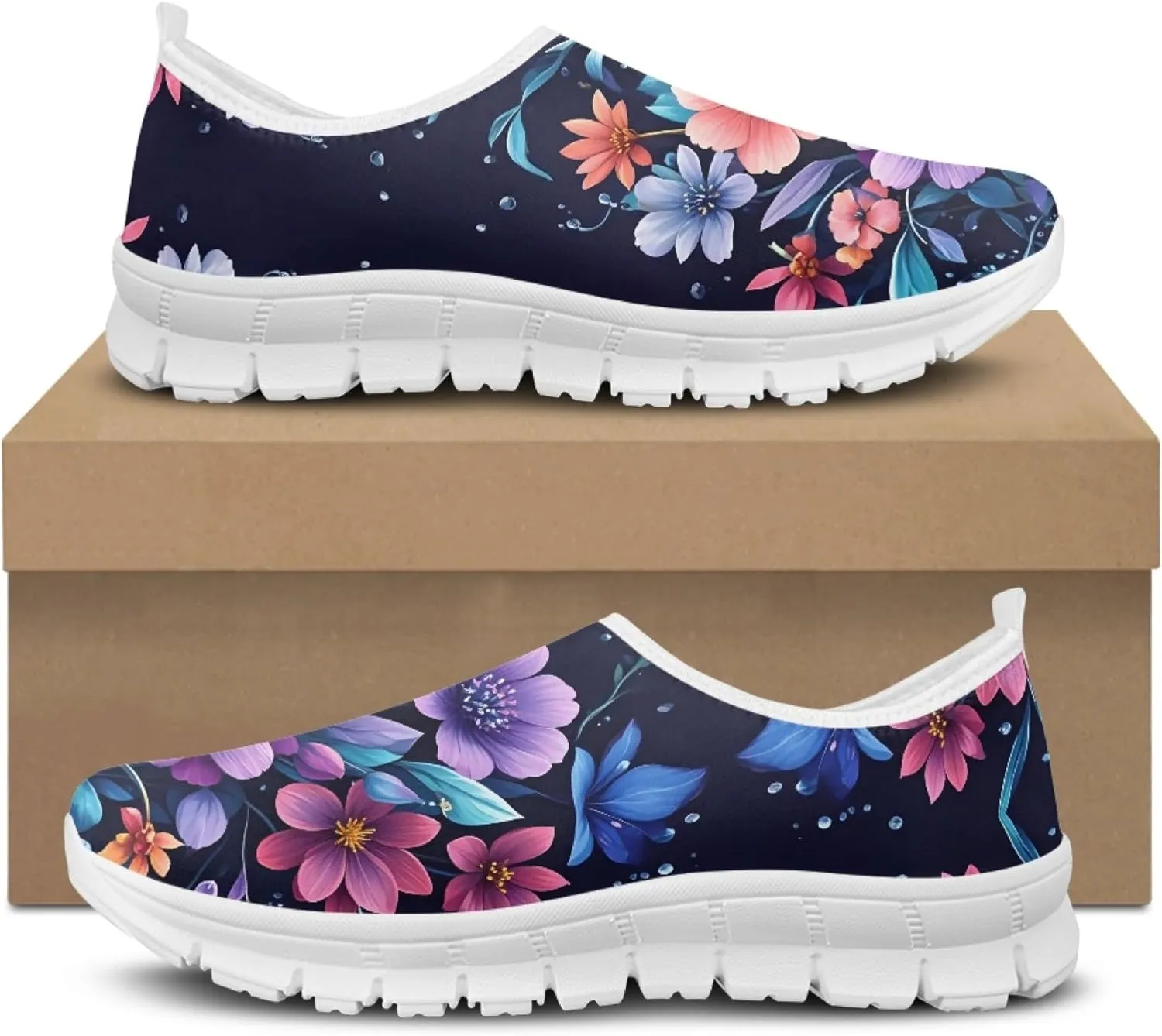 Fashion Print Womens Slip on Walking Shoes Breathable Flat Shoes Comfortable Casual Sneakers