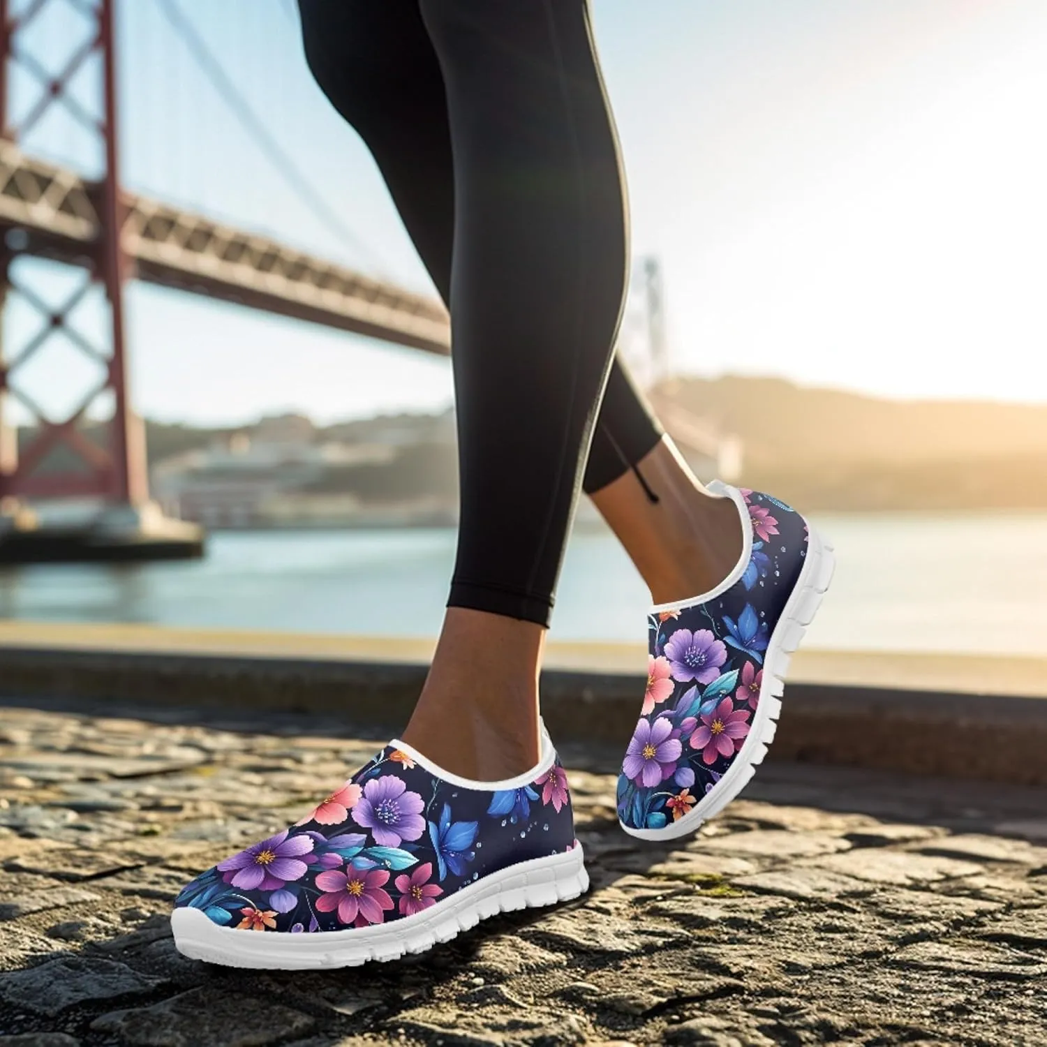 Fashion Print Womens Slip on Walking Shoes Breathable Flat Shoes Comfortable Casual Sneakers