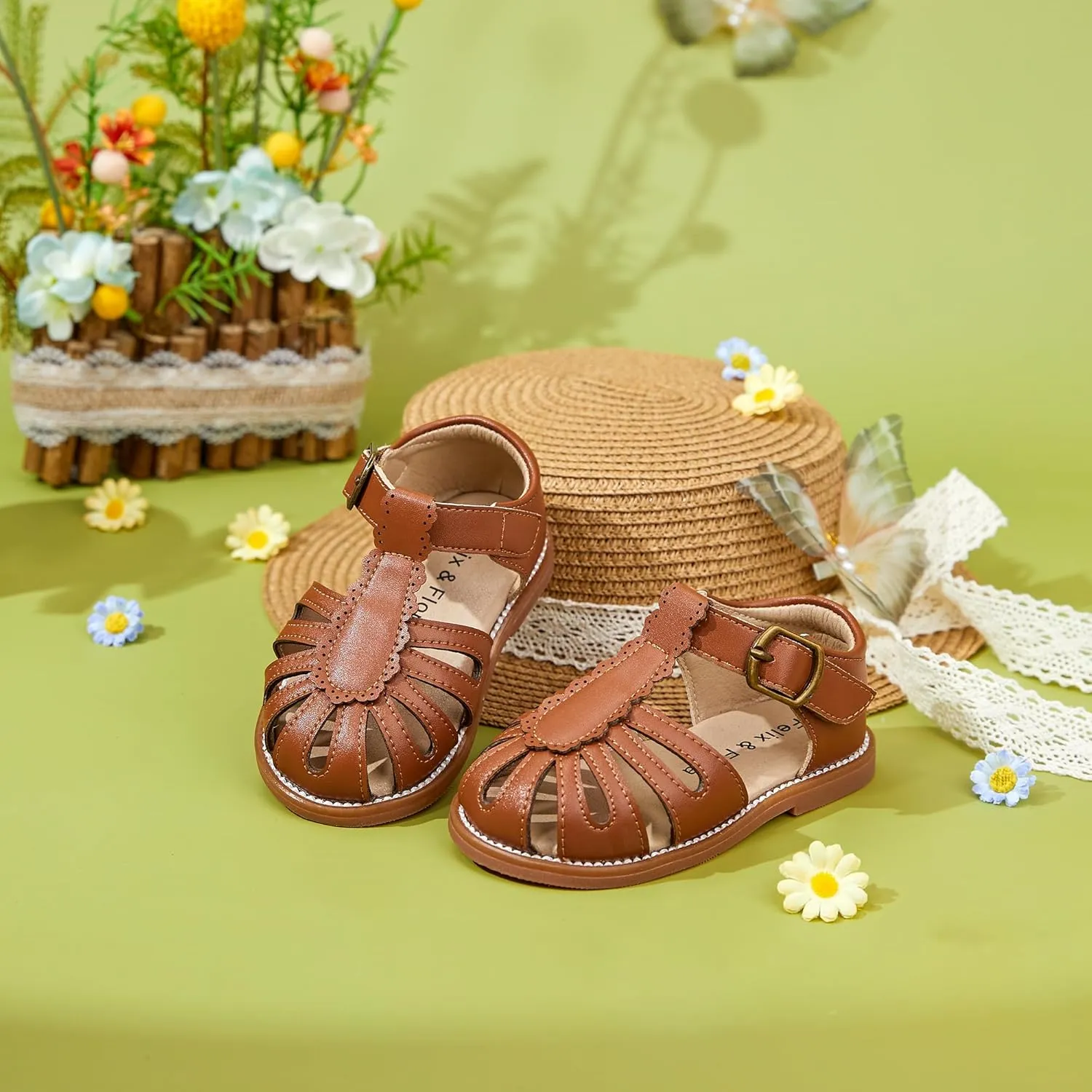 Felix & Flora Toddler Girls Sandals Soft Rubber Princess Flat Shoes Summer Flower Girl Shoes