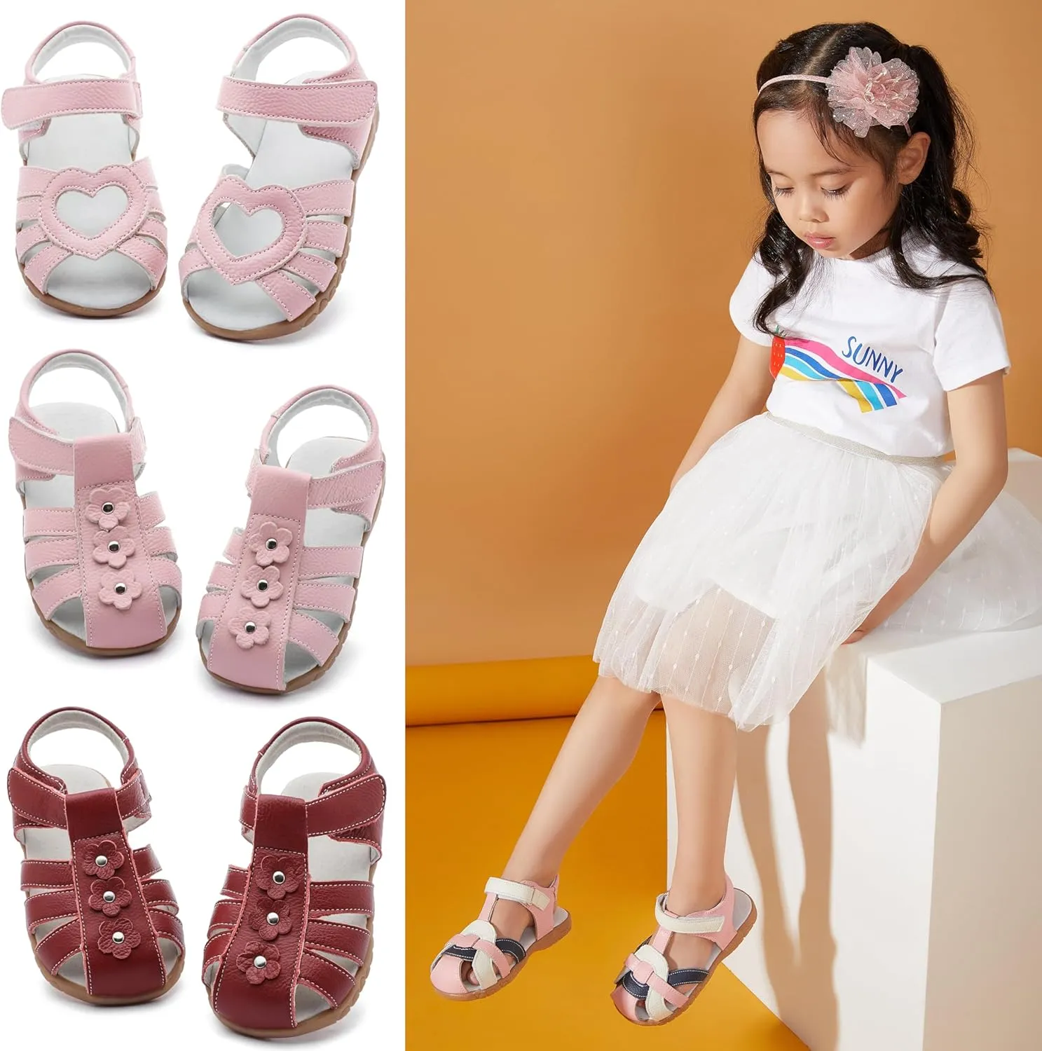 Femizee Girls Genuine Leather Soft Closed Toe Princess Flat Shoes Summer Sandals(Toddler/Little Kid)