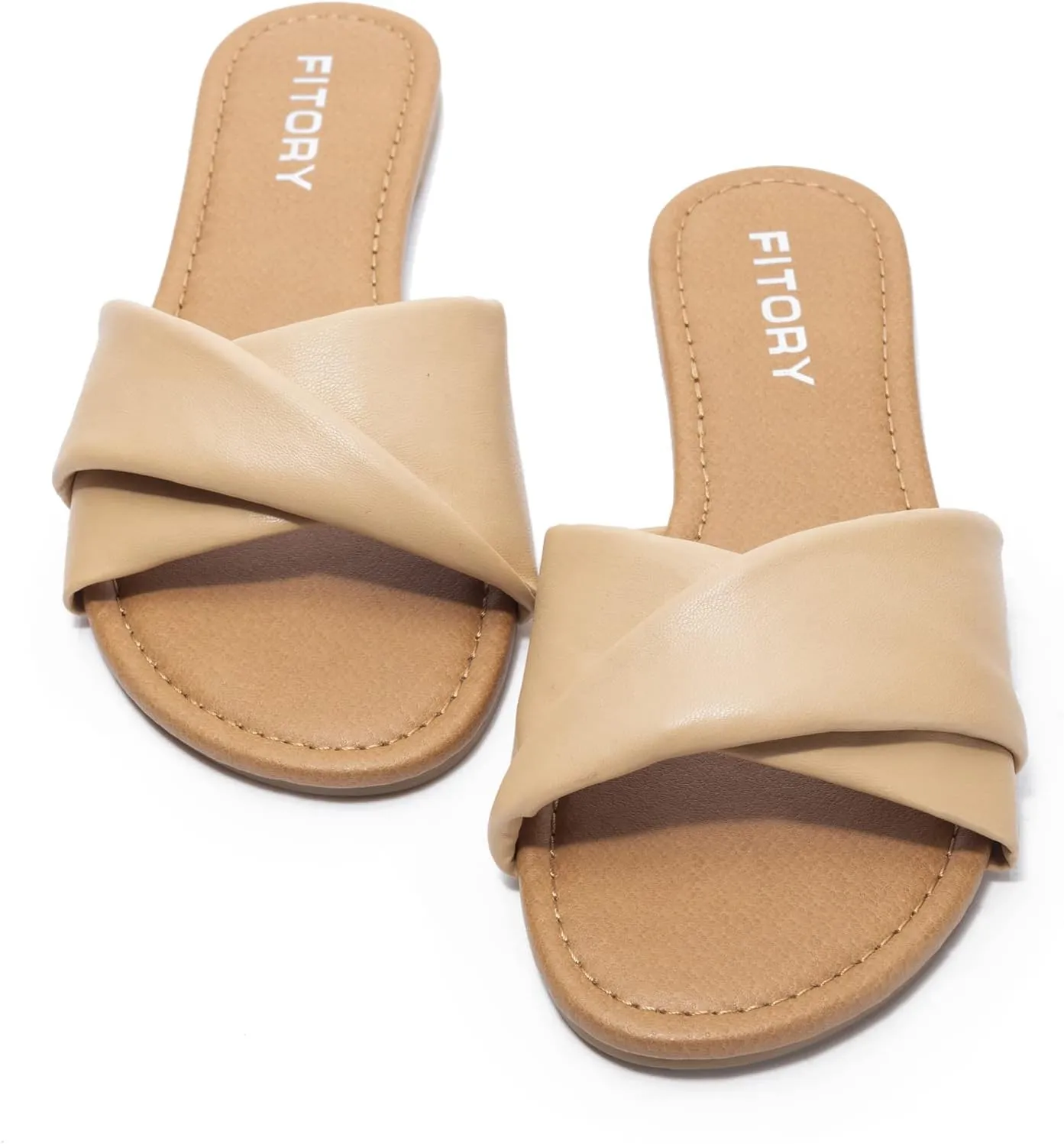 FITORY Women's Flat Sandals Fashion Slides With Soft Leather Slippers for Summer Size 6-11