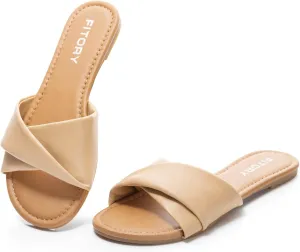 FITORY Women's Flat Sandals Fashion Slides With Soft Leather Slippers for Summer Size 6-11