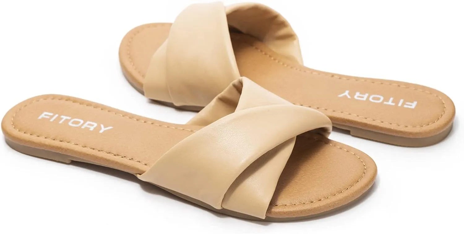 FITORY Women's Flat Sandals Fashion Slides With Soft Leather Slippers for Summer Size 6-11