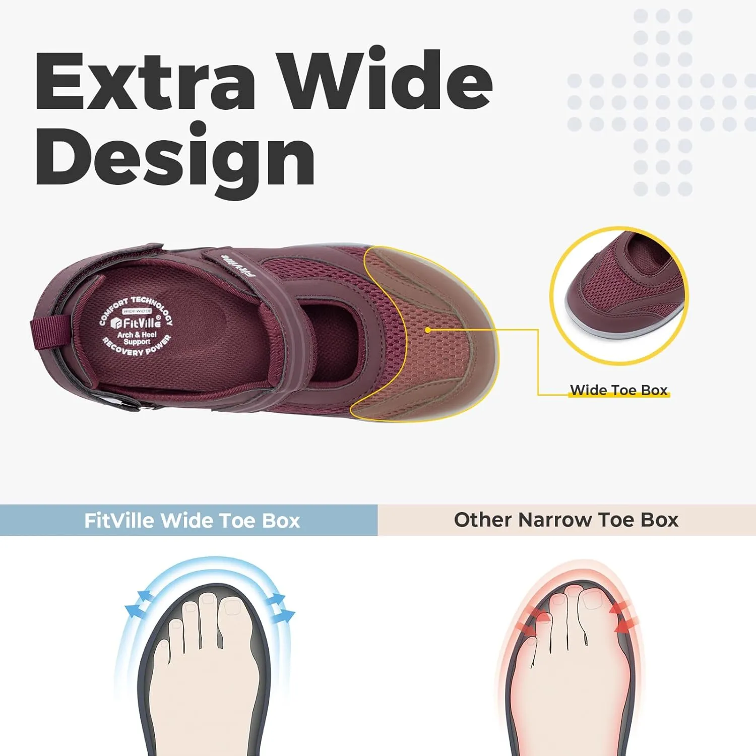 FitVille Women's Diabetic Shoes Extra Wide Women's Sandals Extra Wide with Adjustable Closure Diabetic Walking Shoes Plantar Fasciitis Arch Support for Swollen Feet