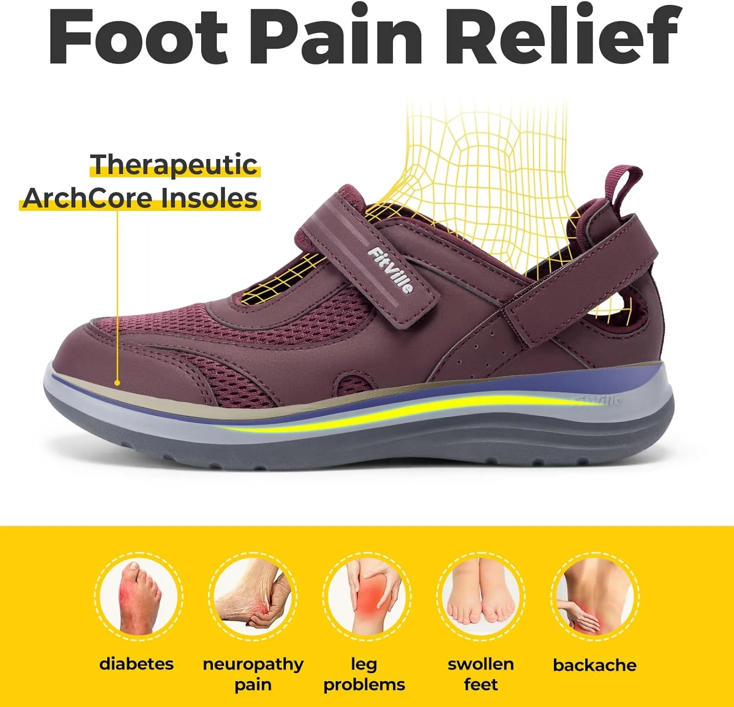 FitVille Women's Diabetic Shoes Extra Wide Women's Sandals Extra Wide with Adjustable Closure Diabetic Walking Shoes Plantar Fasciitis Arch Support for Swollen Feet