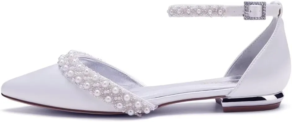 Flat Wedding Shoes for Bride Closed Toe Pearl Bridal Flats Comfortable Wedding Flats