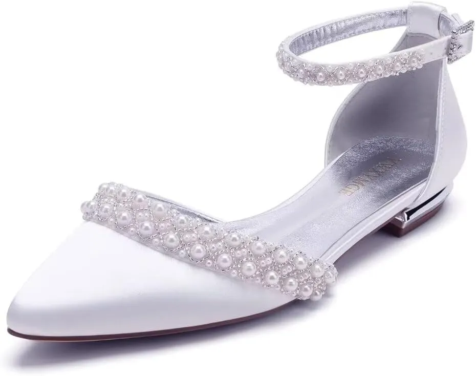 Flat Wedding Shoes for Bride Closed Toe Pearl Bridal Flats Comfortable Wedding Flats