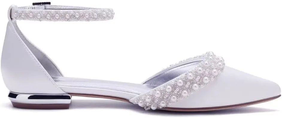 Flat Wedding Shoes for Bride Closed Toe Pearl Bridal Flats Comfortable Wedding Flats