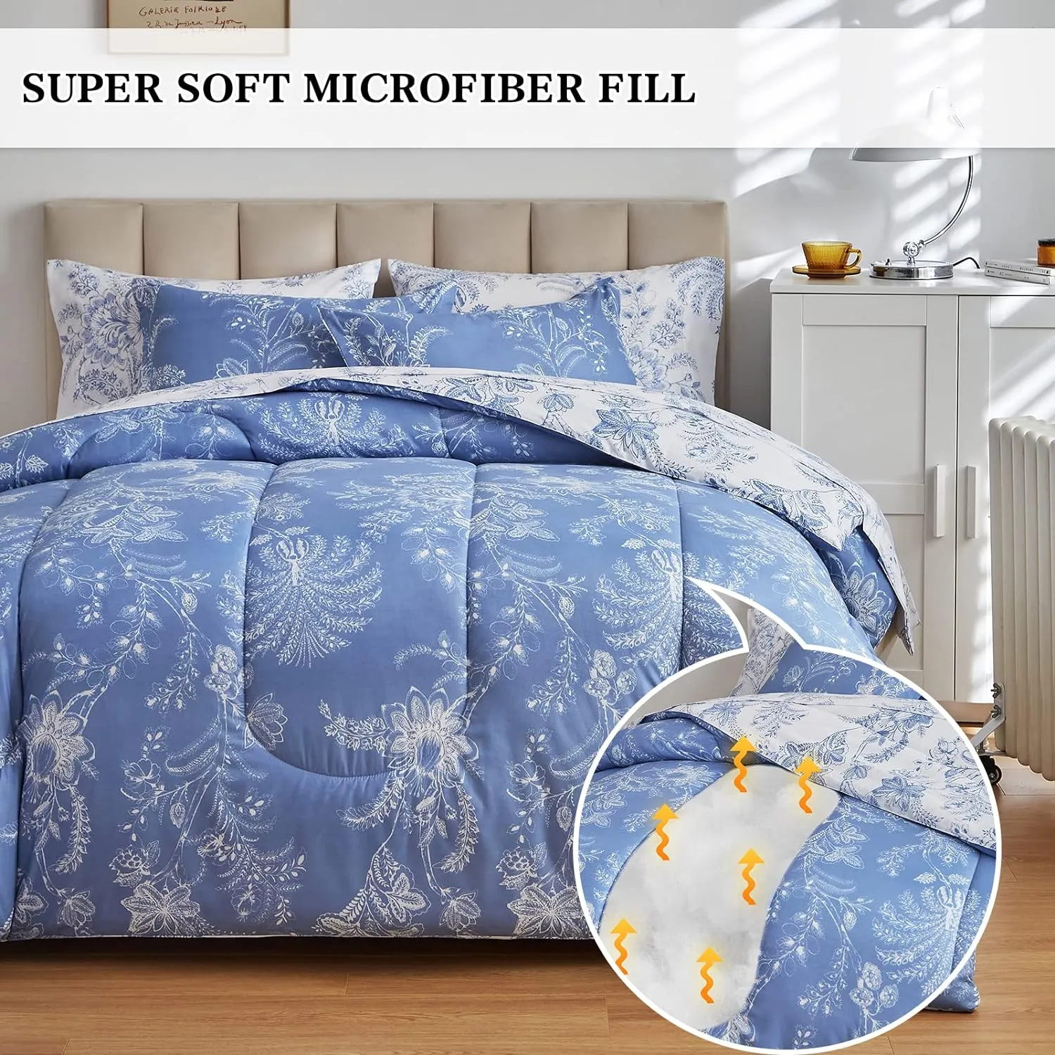 Flysheep Botanical Bed in a Bag King Size 7 Pieces, Reversible Blue and White Flower Printed Comforter Bedding Set (1 Comforter, 1 Flat Sheet, 1 Fitted Sheet, 2 Pillow Shams and 2 Pillowcases)