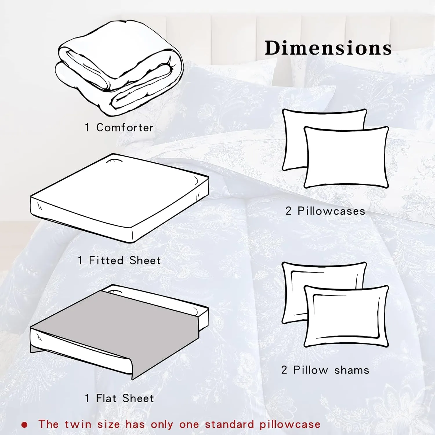 Flysheep Botanical Bed in a Bag King Size 7 Pieces, Reversible Blue and White Flower Printed Comforter Bedding Set (1 Comforter, 1 Flat Sheet, 1 Fitted Sheet, 2 Pillow Shams and 2 Pillowcases)