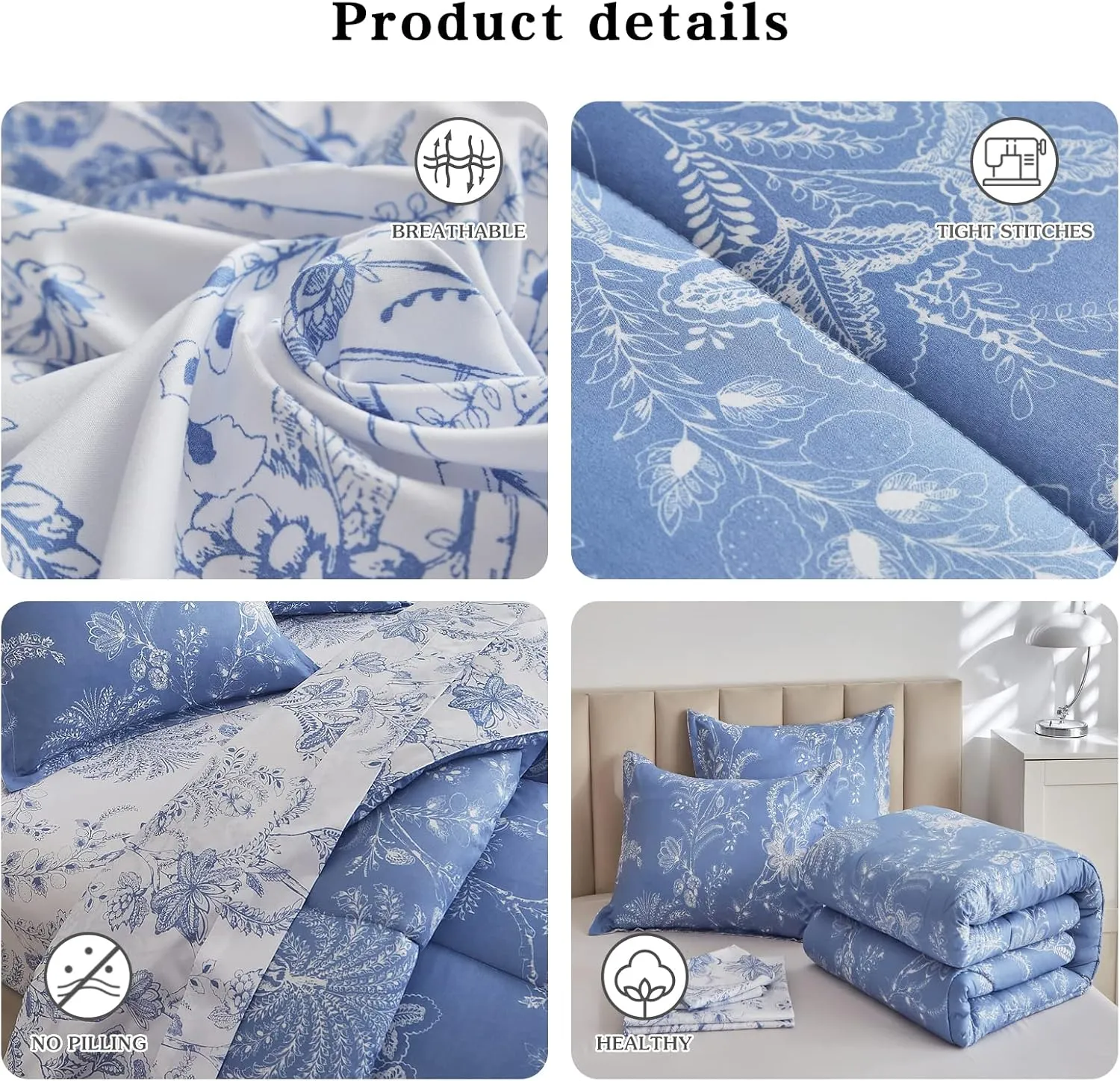 Flysheep Botanical Bed in a Bag King Size 7 Pieces, Reversible Blue and White Flower Printed Comforter Bedding Set (1 Comforter, 1 Flat Sheet, 1 Fitted Sheet, 2 Pillow Shams and 2 Pillowcases)