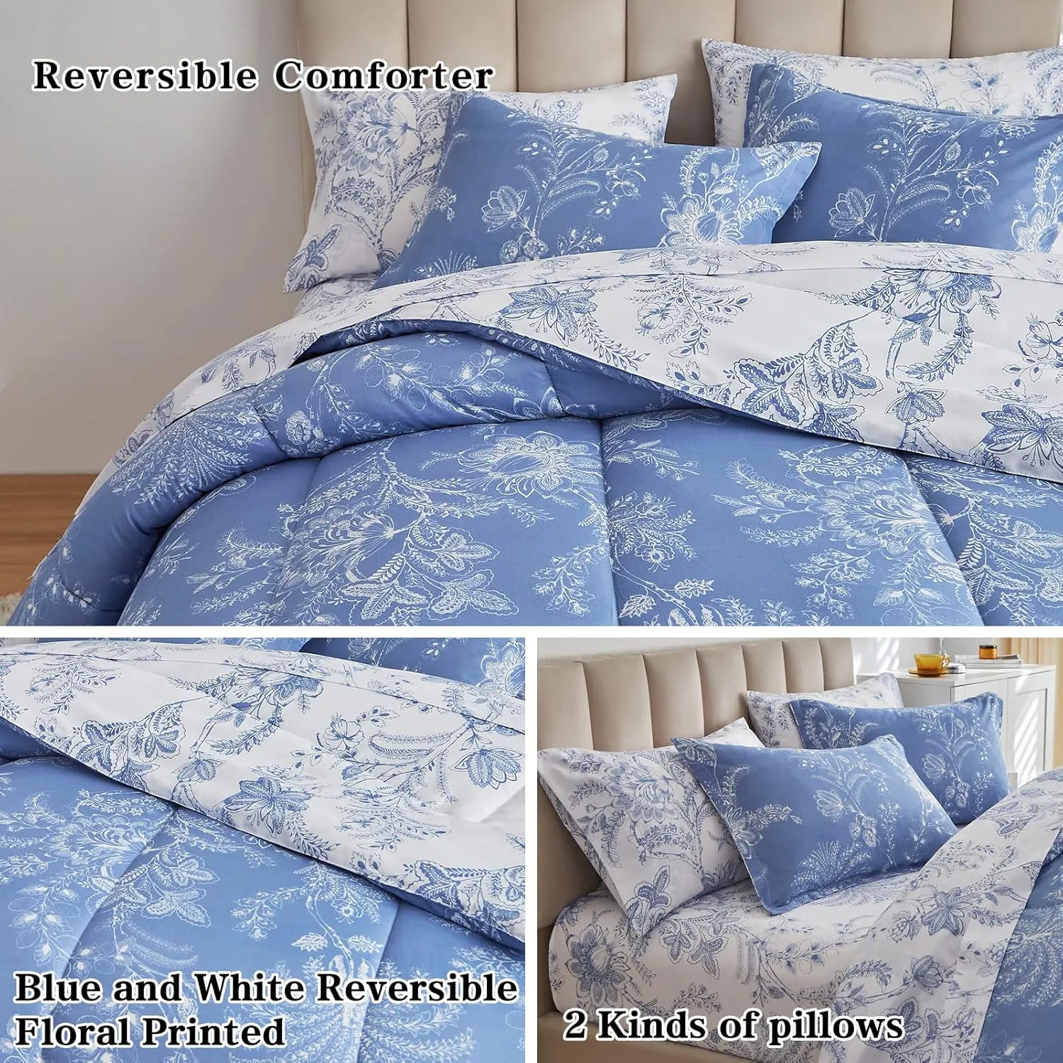 Flysheep Botanical Bed in a Bag King Size 7 Pieces, Reversible Blue and White Flower Printed Comforter Bedding Set (1 Comforter, 1 Flat Sheet, 1 Fitted Sheet, 2 Pillow Shams and 2 Pillowcases)