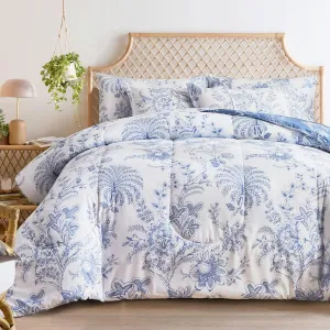 Flysheep Botanical Bed in a Bag King Size 7 Pieces, Reversible Blue and White Flower Printed Comforter Bedding Set (1 Comforter, 1 Flat Sheet, 1 Fitted Sheet, 2 Pillow Shams and 2 Pillowcases)