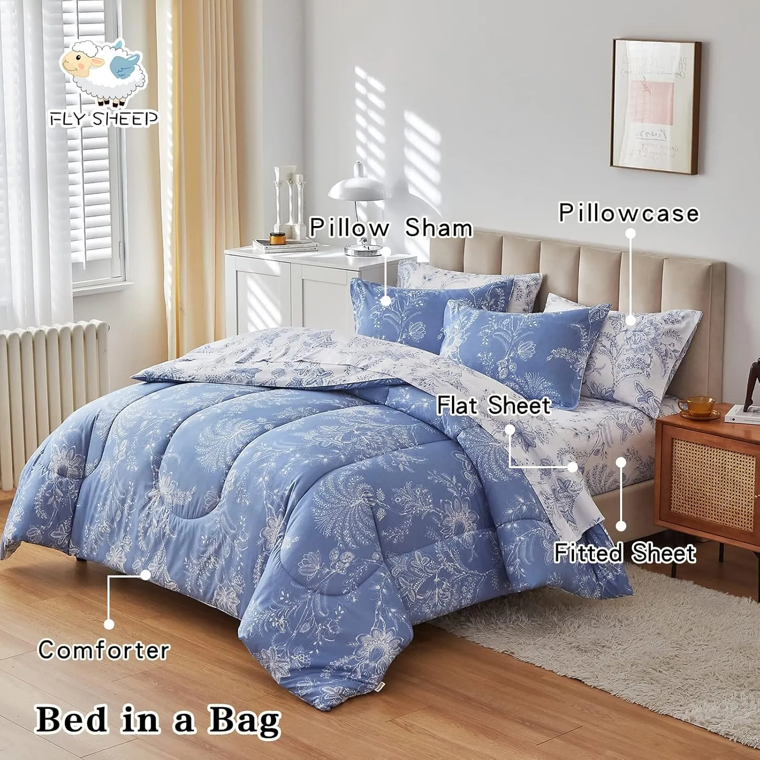 Flysheep Botanical Bed in a Bag King Size 7 Pieces, Reversible Blue and White Flower Printed Comforter Bedding Set (1 Comforter, 1 Flat Sheet, 1 Fitted Sheet, 2 Pillow Shams and 2 Pillowcases)