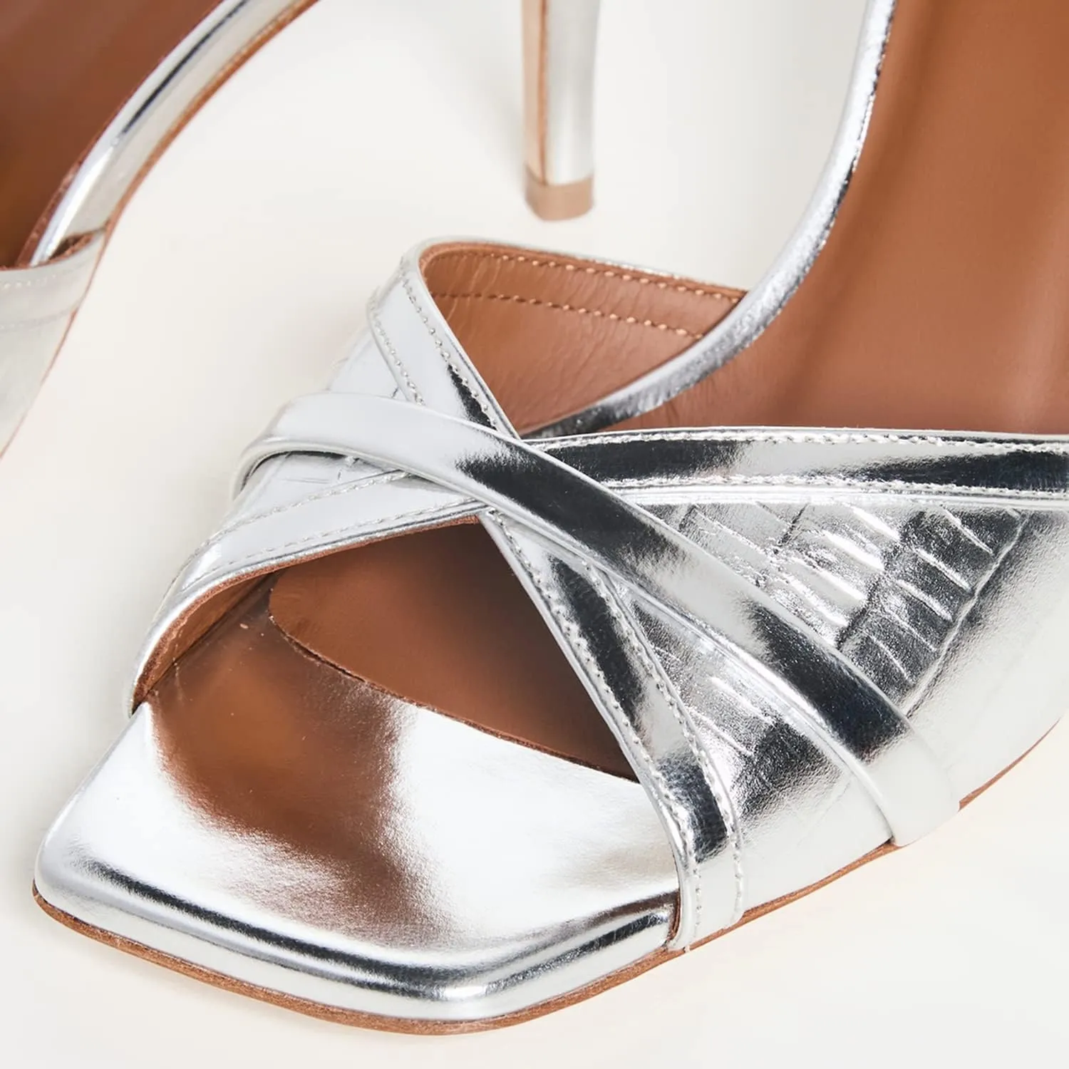FOWT Fashion Metallic Croc-Embossed Mules Classic Square Toe Two Tone Cross Narrow Band Kitten Heeled Sandals Adorable Silver Pumps for Women Casual Leisure Shoes, US Size 4-16 M