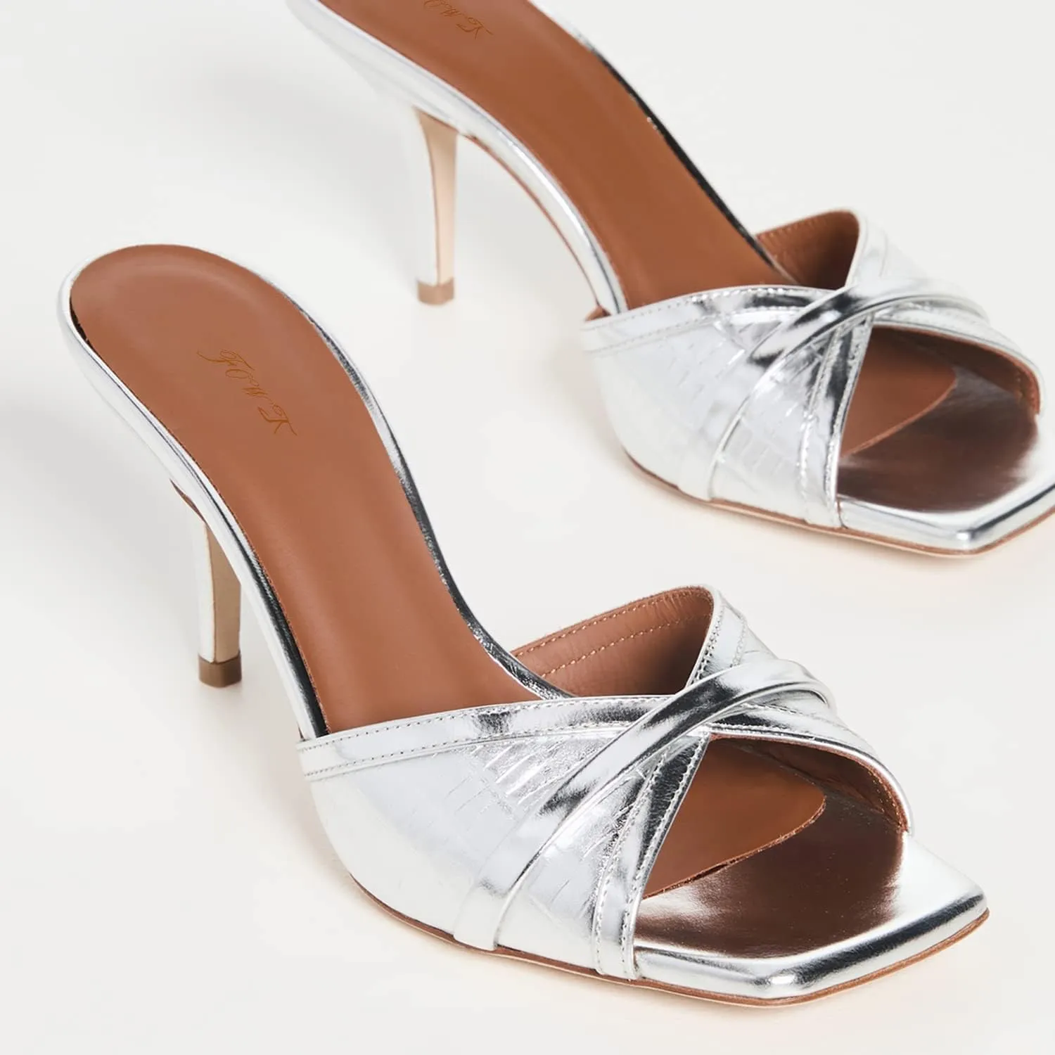 FOWT Fashion Metallic Croc-Embossed Mules Classic Square Toe Two Tone Cross Narrow Band Kitten Heeled Sandals Adorable Silver Pumps for Women Casual Leisure Shoes, US Size 4-16 M