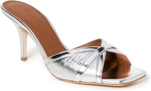 FOWT Fashion Metallic Croc-Embossed Mules Classic Square Toe Two Tone Cross Narrow Band Kitten Heeled Sandals Adorable Silver Pumps for Women Casual Leisure Shoes, US Size 4-16 M