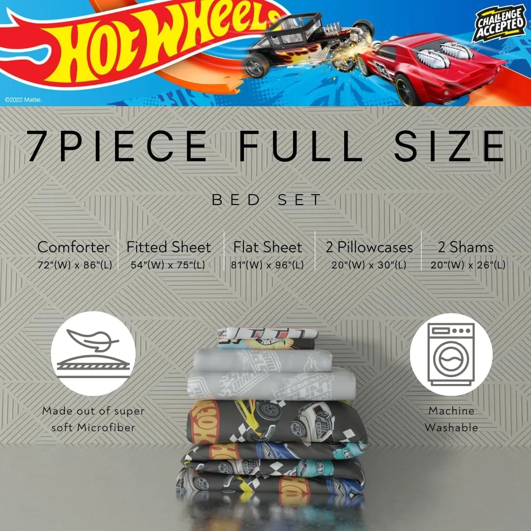 Franco Hot Wheels Kids Bedding Super Soft Comforter and Sheet Set with Sham, 7 Piece Full Size, (Officially Licensed Product)