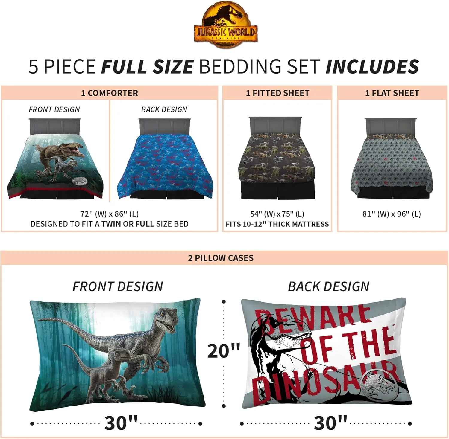 Franco Kids Bedding Super Soft Comforter and Sheet Set, 5 Piece Full Size, Jurassic World Dominion