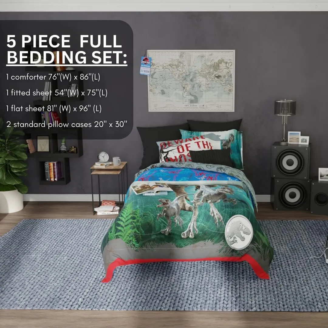 Franco Kids Bedding Super Soft Comforter and Sheet Set, 5 Piece Full Size, Jurassic World Dominion
