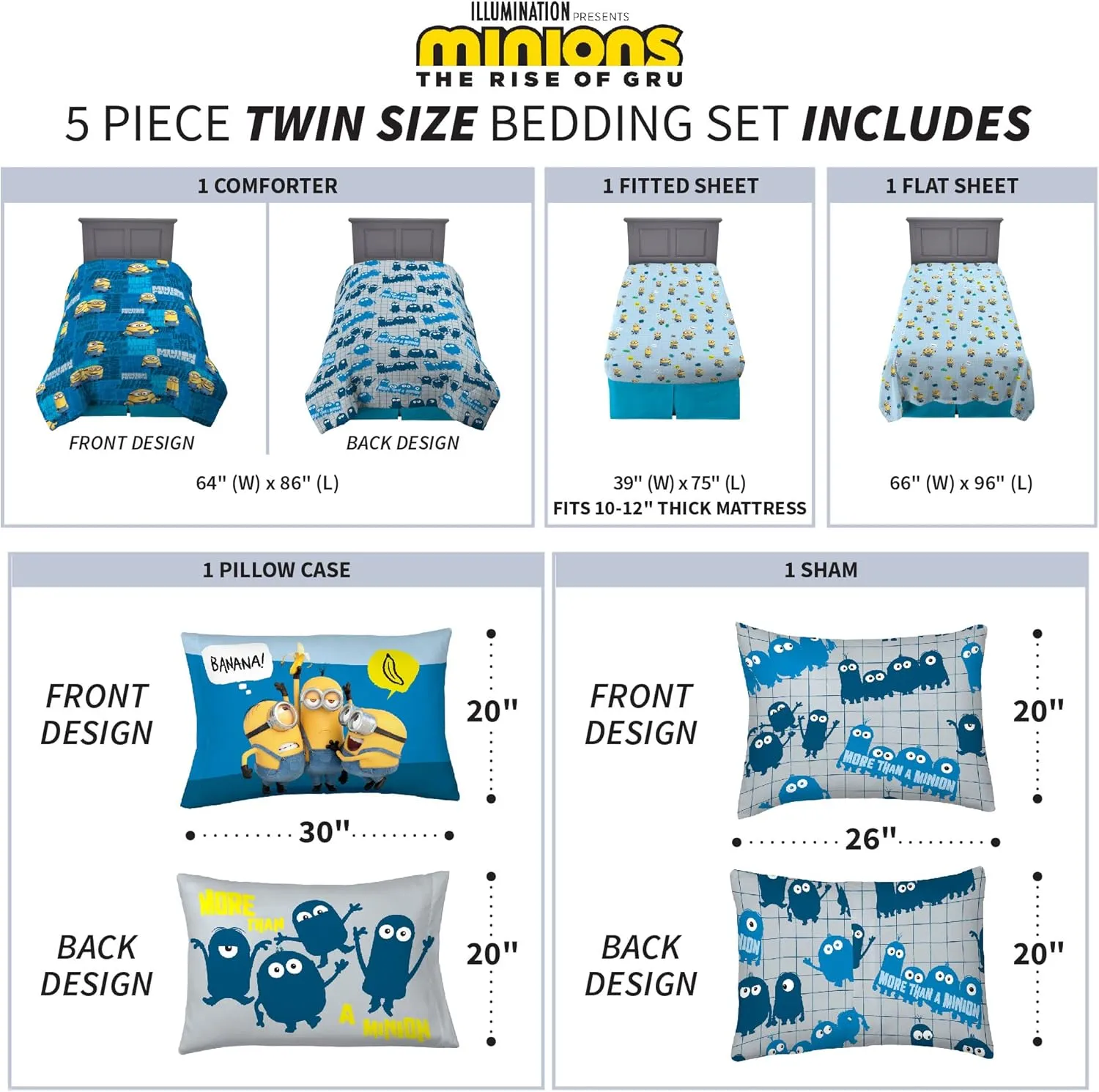Franco Kids Bedding Super Soft Comforter and Sheet Set with Sham, 5 Piece Twin Size, Minions The Rise Of Gru