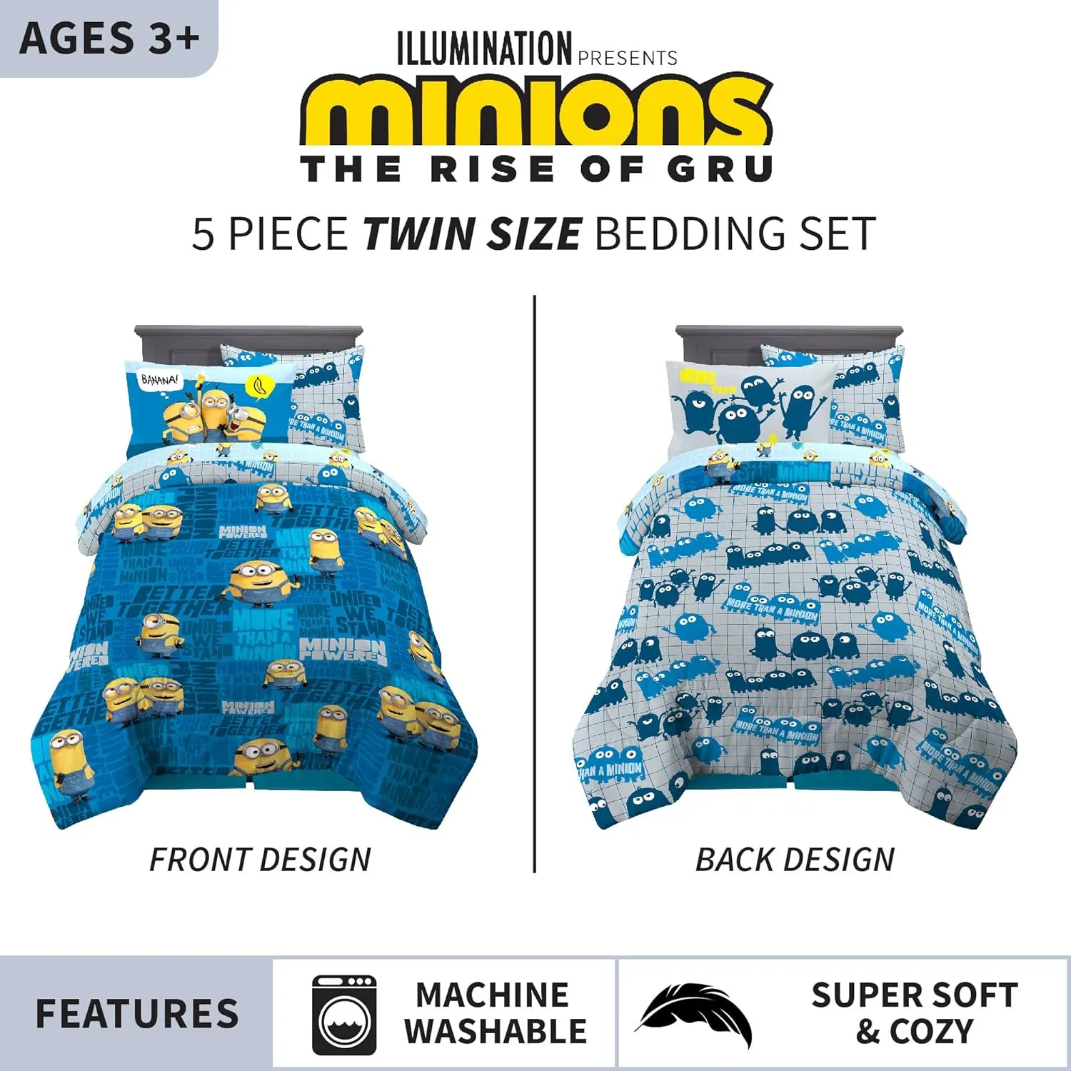 Franco Kids Bedding Super Soft Comforter and Sheet Set with Sham, 5 Piece Twin Size, Minions The Rise Of Gru