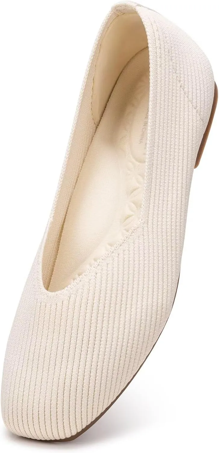 Frank Mully Womens Wide Flat Shoes Square Toe Shoes Knitted Work Flats Comfortable Women Shoes Comfortable Women Shoes