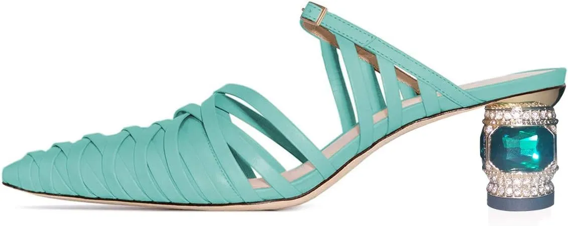 FSJ Women Strappy Crystal Mid Heel Sandals Pointed Toe Slip On Mule Pumps Cutout Chic Shoes