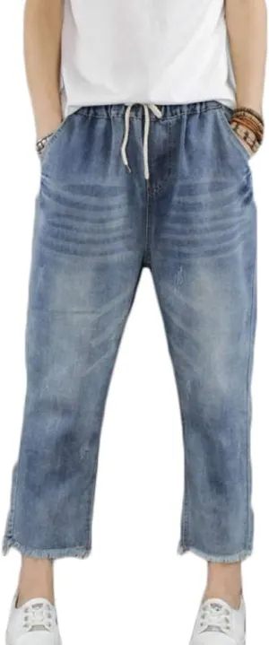 FTCayanz Women's Elastic Waist Cropped Jeans Baggy Drawstring Stretch Denim Pants with Pockets