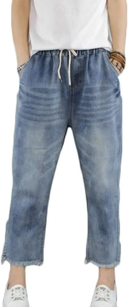 FTCayanz Women's Elastic Waist Cropped Jeans Baggy Drawstring Stretch Denim Pants with Pockets