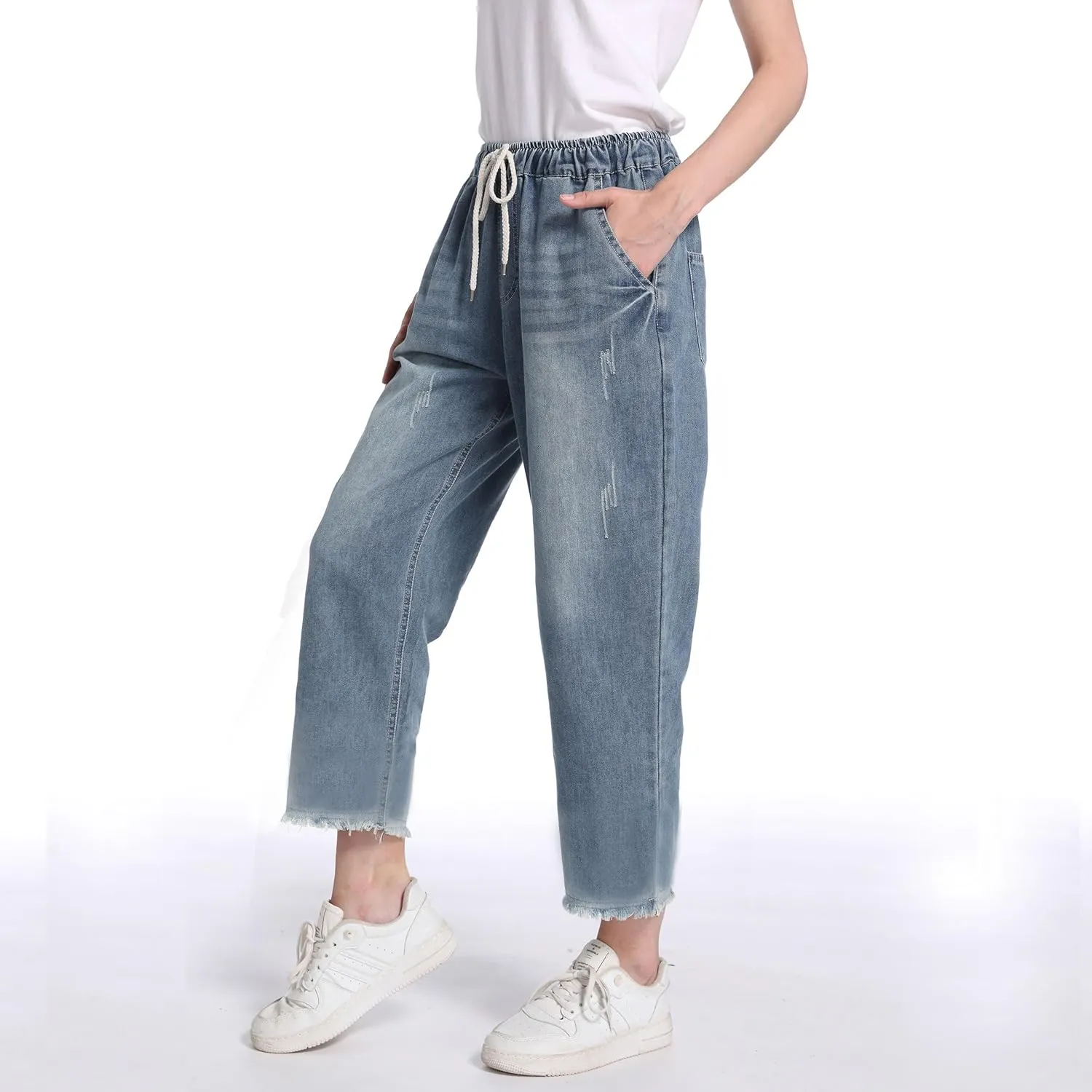 FTCayanz Women's Elastic Waist Cropped Jeans Baggy Drawstring Stretch Denim Pants with Pockets