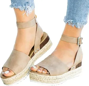 Fululuer Toe Studded Women's Buckle Ankle Rubber Sole Sandals Casual Open Strap Wedge Women's Sandals Sandals with Arch Support for Women Pretty (F-Khaki, 9)