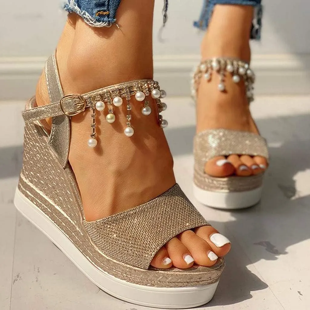 Fululuer Wedge Sandals for Women,Espadrille Sandals Women Dressy Summer Platform Ankle Buckle Sandals Summer Beach Sandals Open Toe Wide Widge Orthopedic Wide Width Sandals for Women (C-Gold, 7.5)