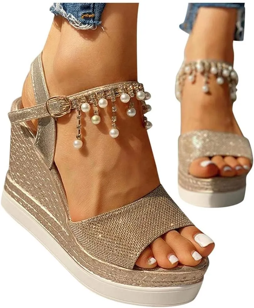 Fululuer Wedge Sandals for Women,Espadrille Sandals Women Dressy Summer Platform Ankle Buckle Sandals Summer Beach Sandals Open Toe Wide Widge Orthopedic Wide Width Sandals for Women (C-Gold, 7.5)