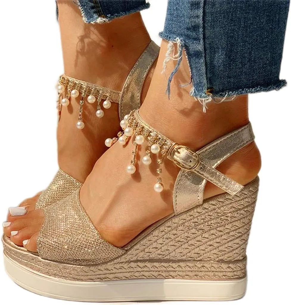 Fululuer Wedge Sandals for Women,Espadrille Sandals Women Dressy Summer Platform Ankle Buckle Sandals Summer Beach Sandals Open Toe Wide Widge Orthopedic Wide Width Sandals for Women (C-Gold, 7.5)