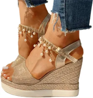Fululuer Wedge Sandals for Women,Espadrille Sandals Women Dressy Summer Platform Ankle Buckle Sandals Summer Beach Sandals Open Toe Wide Widge Orthopedic Wide Width Sandals for Women (C-Gold, 7.5)