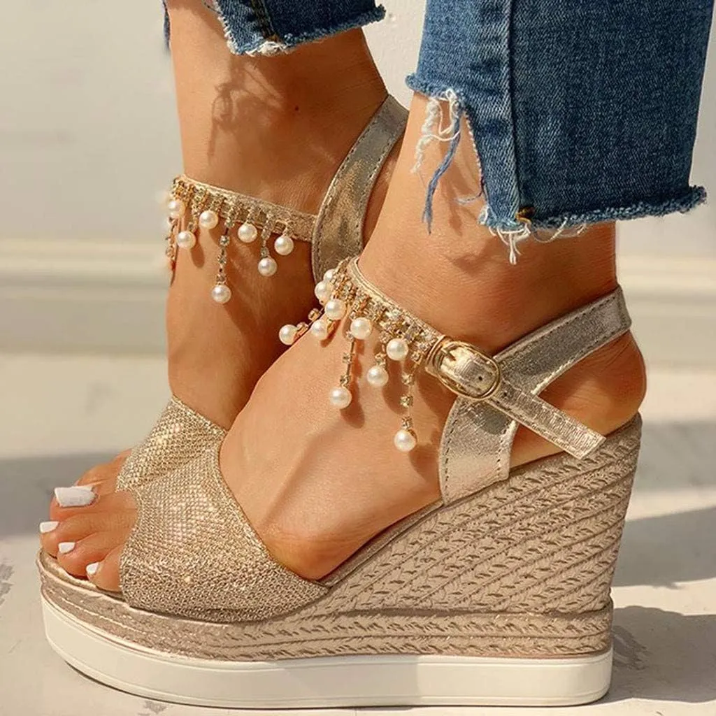 Fululuer Wedge Sandals for Women,Espadrille Sandals Women Dressy Summer Platform Ankle Buckle Sandals Summer Beach Sandals Open Toe Wide Widge Orthopedic Wide Width Sandals for Women (C-Gold, 7.5)