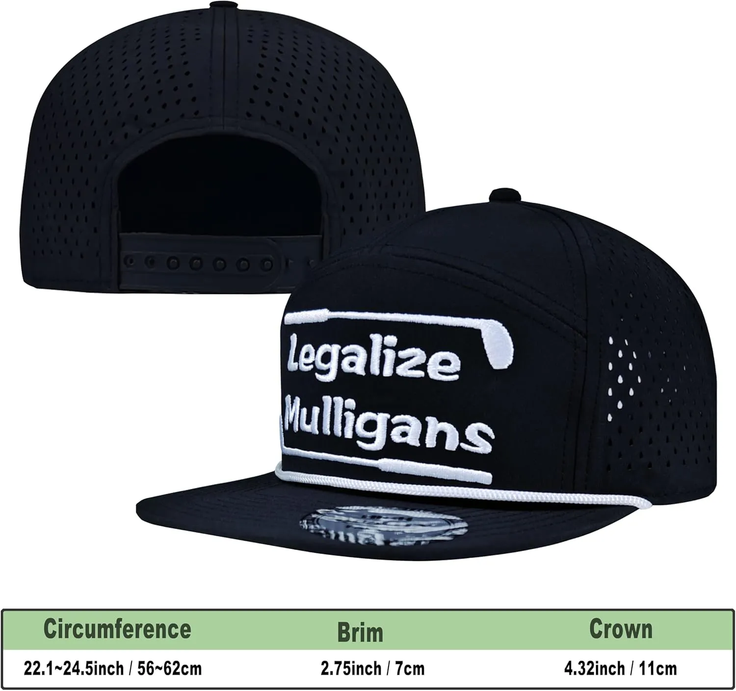 Funny Golf Hat for Men - Flat Bill Snapback Rope Hat, Black/White