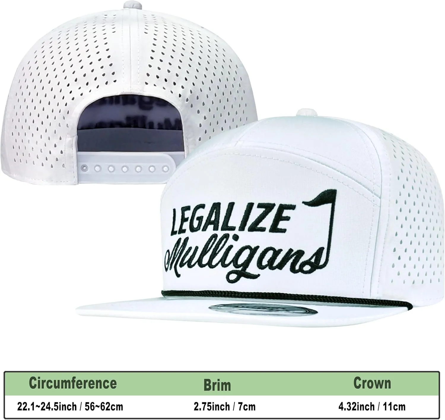 Funny Golf Hat for Men - Flat Bill Snapback Rope Hat, Black/White