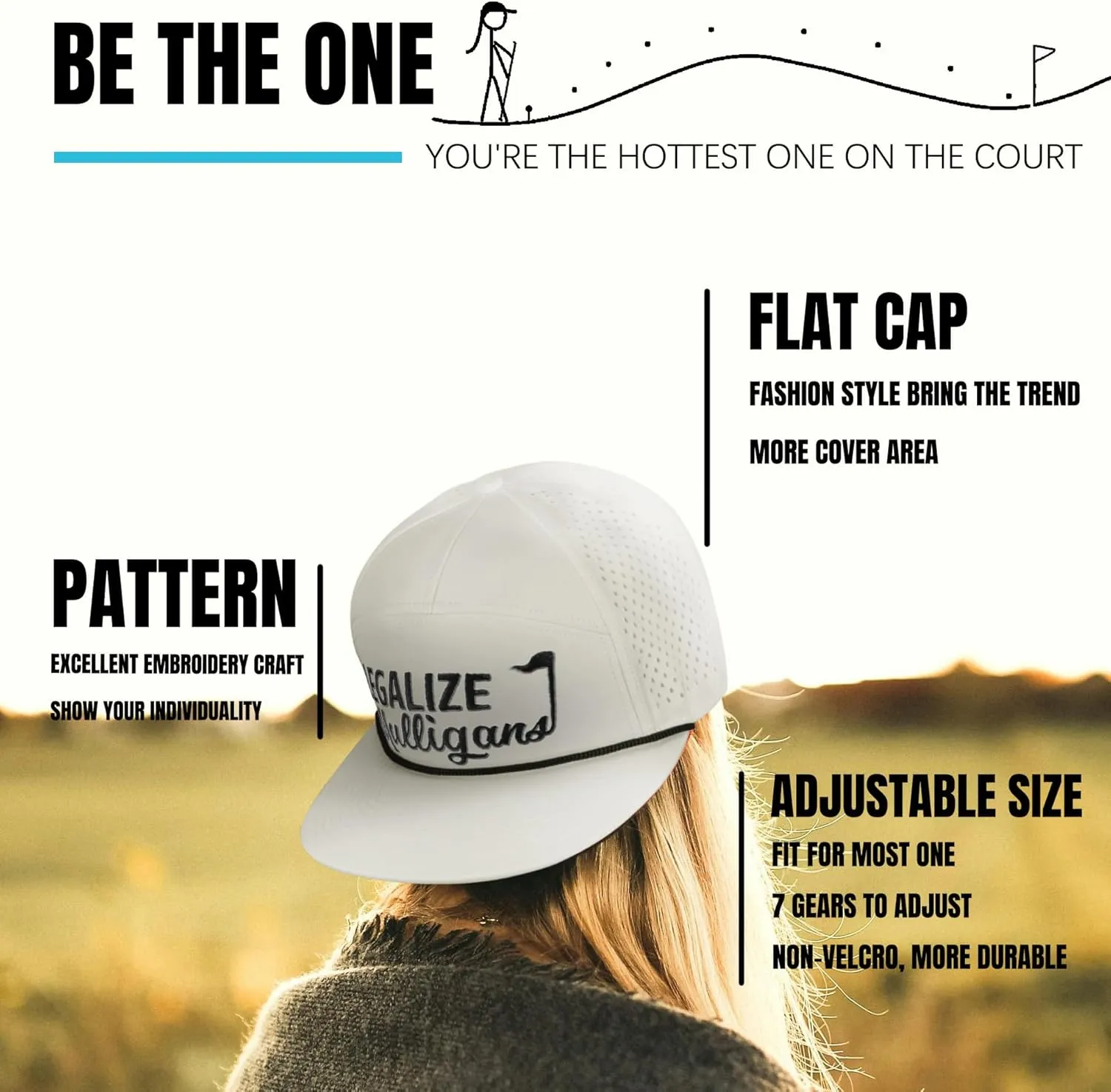 Funny Golf Hat for Men - Flat Bill Snapback Rope Hat, Black/White