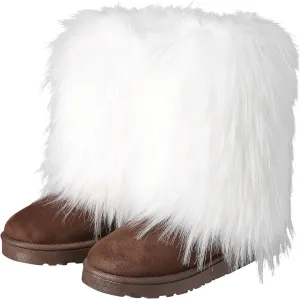 Fuzzy Fluffy Boots for Women Classic Warm Suede Slip On Mid-calf Snow Boot Comfortable Natural Fur Winter Flat Shoes Girl Outdoor Indoor