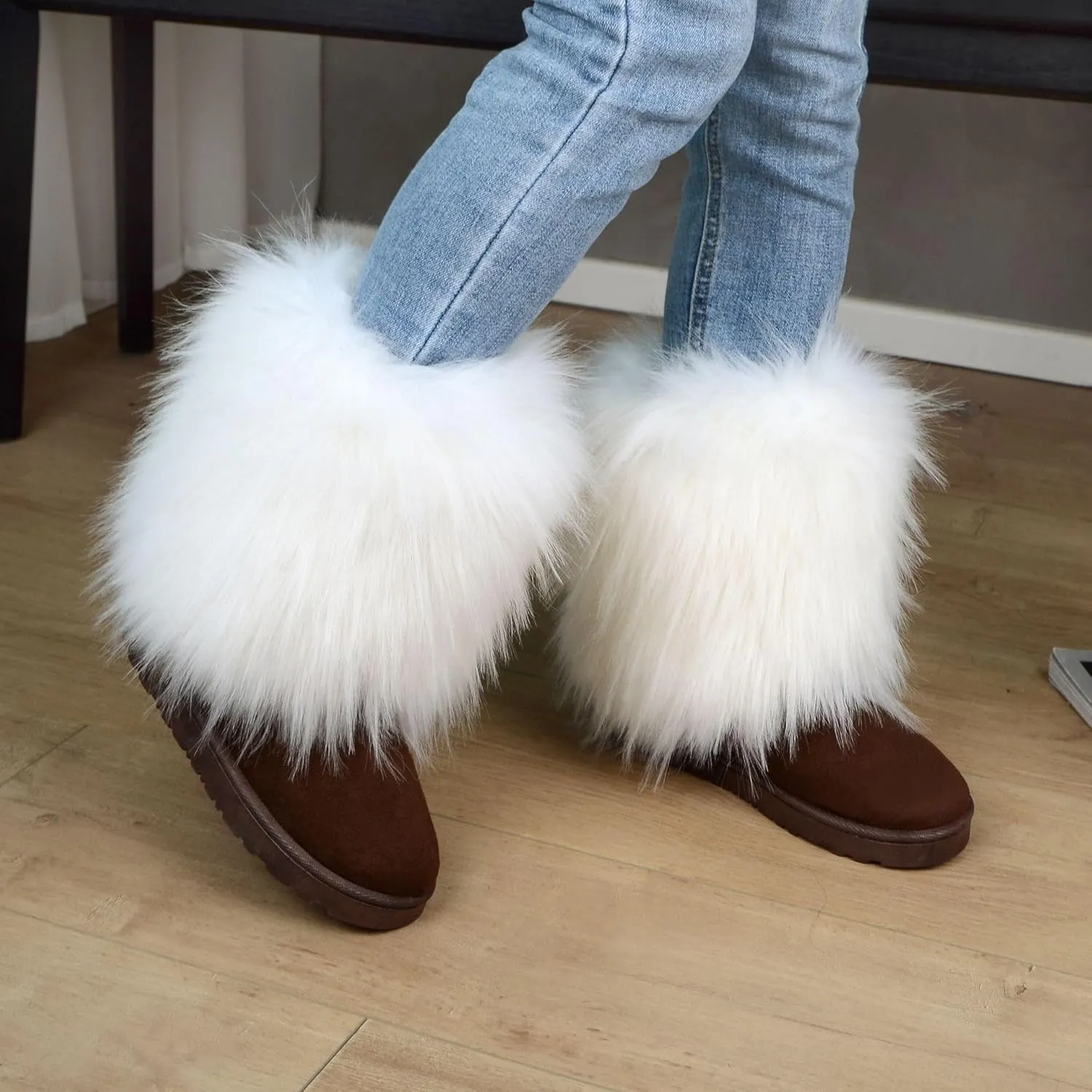 Fuzzy Fluffy Boots for Women Classic Warm Suede Slip On Mid-calf Snow Boot Comfortable Natural Fur Winter Flat Shoes Girl Outdoor Indoor