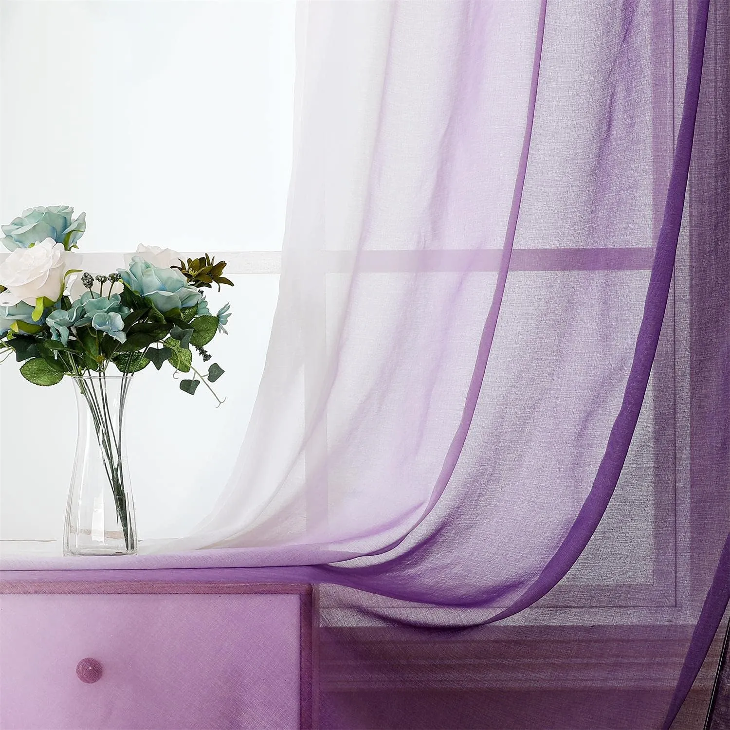 G2000 Sheer Purple and White Ombre Curtains - 63 Inch Length, Light Filtering, Grommet Curtains for Bedroom & Living Room - 2 Panel Set