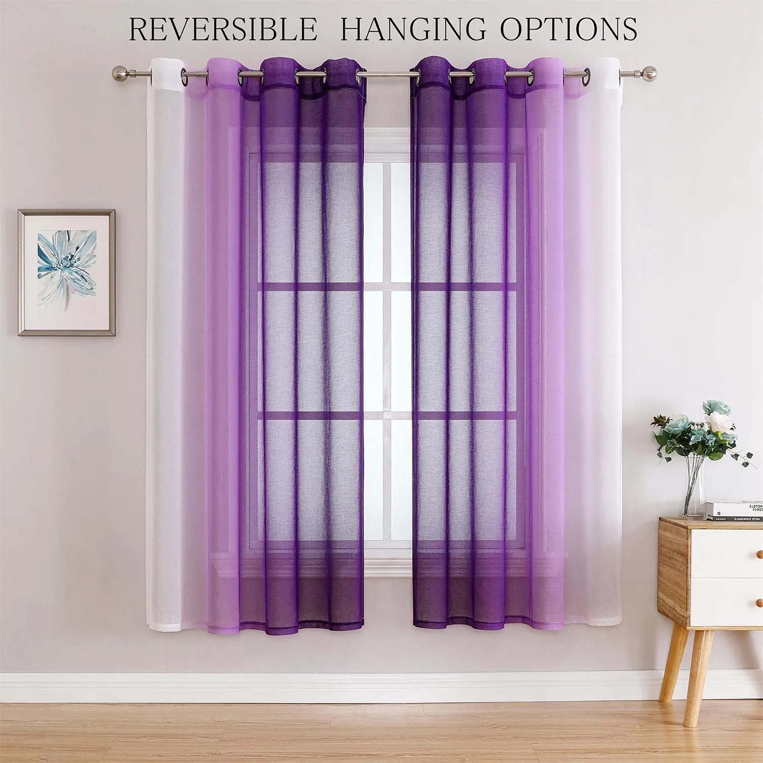 G2000 Sheer Purple and White Ombre Curtains - 63 Inch Length, Light Filtering, Grommet Curtains for Bedroom & Living Room - 2 Panel Set